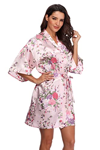 Mignon Cromwell Women's Floral Bride Bridesmaids Robe Satin Wedding Kimono Bridal Dressing Gown Sleepwear, Pink, M