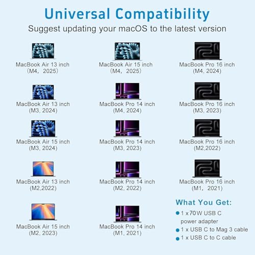 Image of Charger for Mac Book Pro 14 16 inch Mac Book Air 13 15 inch M5 M4 M3 M2 M1 2026 2025 2024 2023 2022 2021 as Original 96W /70W Fast Charger，Quality with 6.6ft USB C to mag 3 Cable (white2)
