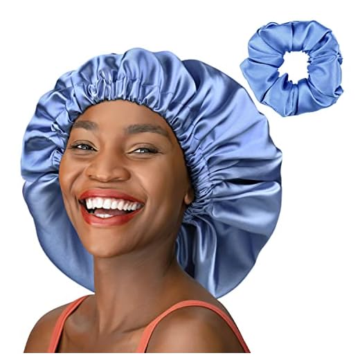 Touca de cetim, extra grande camada dupla para dormir, presentes para cabelos cacheados que ficam no lugar a noite toda, Azul claro - G, tamanho �nico