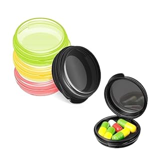 IOSPKKIO® 4 stuks ronde kleine pillendoosjes, mini-opbergdoos, licht, draagbaar, gemakkelijk te onderscheiden, voor vochtbestendige pillenopslag (groen, roze, geel, zwart)