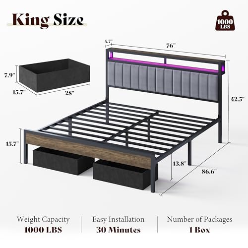 Image of AMERLIFE King Bed Frame with LED Lights & 2-Tier Storage Headboard | Grey, 2 Storage Drawers, Metal Platform Frame, Velvet Upholstery, Heavy-Duty Slats, No Box Spring, Easy Assembly