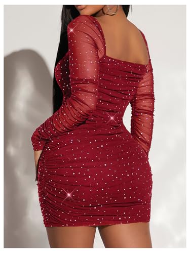 Image of Floerns Women's Sequin Mesh Long Sleeve Square Neck Ruched Mini Bodycon Dress
