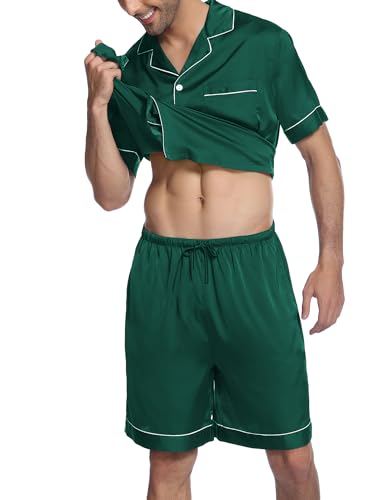 Image of Ekouaer Mens Satin Pajamas Set Button-Down Short /Long Sleeve Shirt Top Soft Silk Sleepwear Loose Pocket Pant Loungewear