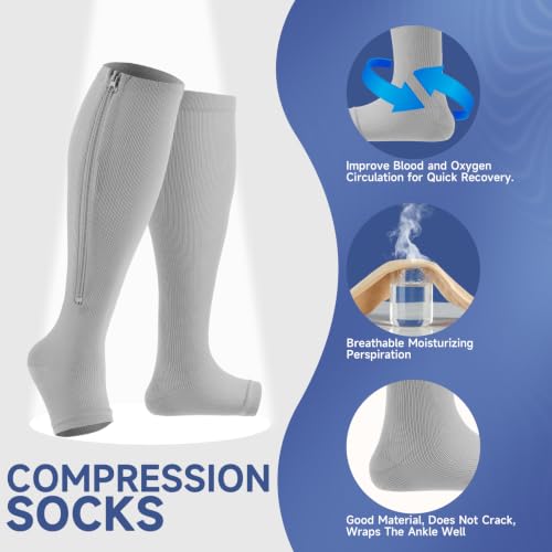 Image of bropite Zipper Open Toe Compression Socks For Women & Men | 2 Pairs 15-20mmhg Compression Socks With Zipper,Toeless Breathable Knee-High For Running Nurses Pregnancy Flying