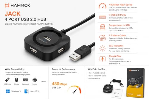 Image of Hammok Jack 4 Port USB 2.0 Hub, 480Mbps High Speed Data Transfer, 1.5 Metre Cable, LED Indicator, Black, Supports 5TB HDD