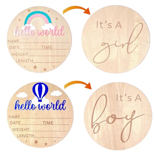 Image of Rebehari 2pcs Baby Announcement Sign, 5.8 Inch Double-Sided Wooden Gender Reveal Wooden Sign, Birth Announcement Sign for Photo Props, Baby Name Announcement Plaques for Baby Shower