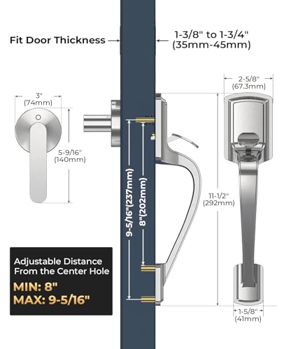 Image of Nickel Front Door Handle No Lock, Heavy Duty Front Door Lock Set | Brushed Exterior Door Handle No Lock for Every Deadbolt, Zinc Exterior Door Lock, Entry Handleset, Easy Install, Universal