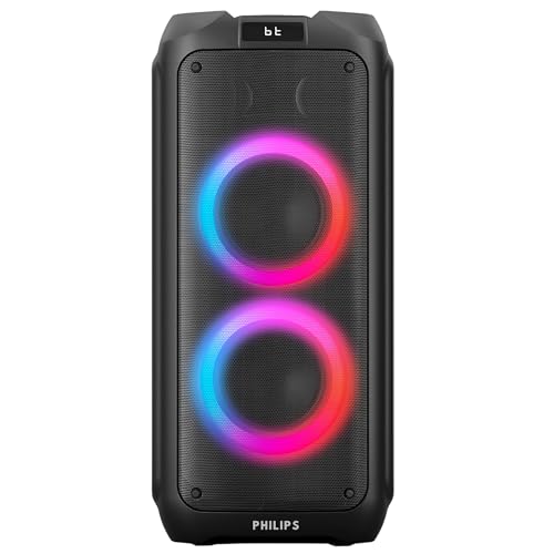 Philips Bluetooth Party Speaker, 120W Powerful Sound with Dynamic Bass Boost, 10 RGB Light Modes, Karaoke Mic & Guitar Inputs, FM Radio, USB/TF/AUX Playback, Portable Handle, Remote Control (Cordless)