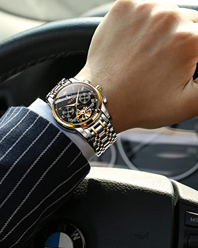 Olevs Mens Automatic Watches Skeleton Tourbillon Mechanical Self Winding Luxury Dress Wrist Watch Moon Phase Day Date Waterproof Luminous Watch Gifts #TOP2