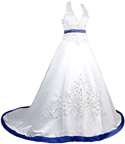 Snowskite Halter Embroidery Satin Wedding Bridal Dress 16 Royal Blue&White