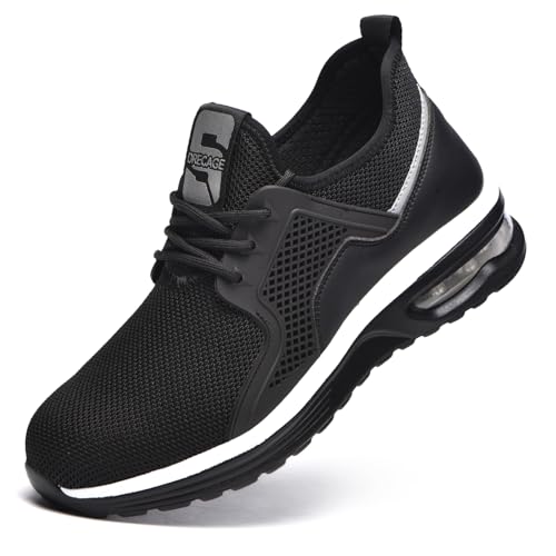 Bawalon Zapatos de Seguridad para Hombre Zapatillas Trabajo Mujer Ligero Comodo Calzado de Seguridad con Punta de Acero Transpirable Antideslizante Negro 42EU