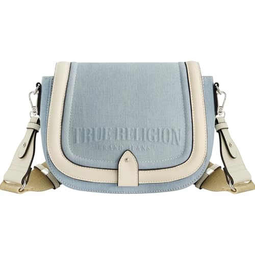True Religion Saddle Bag, Women's Denim and Faux Leather Crossbody Purse with Adjustable Shoulder Strap, Light Blue, One Size