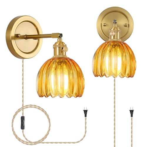 Image of Plug in Wall Sconces Set of 2 Vintage Bedroom Bedside Wall Lights with Tulip Glass Shade 180 Adjustable Victorian Art Modern Wall Lamp Fixtures Decor for Bathroom Living Room Corridor