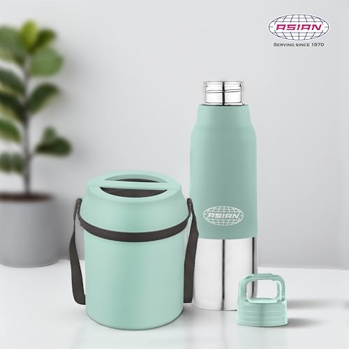 Image of Asian Stainless Steel Lunch Box (700ml) & Insulated Water Bottle (500ml) Combo Gift Set | Leakproof Steel Tiffin & Flask for Kids | BPA Free Back to School Essential Kit (Green)