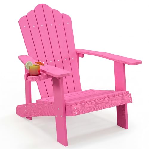 Image of Tangkula Oversized Adirondack Chair, Patio Lounge Chairs w /Adjustable Cup Holder, HIPS Armchairs Slatted Chair, Outdoor Weather Resistant Fire Pit Chair for Deck Backyard Garden Porch (1, Pink)