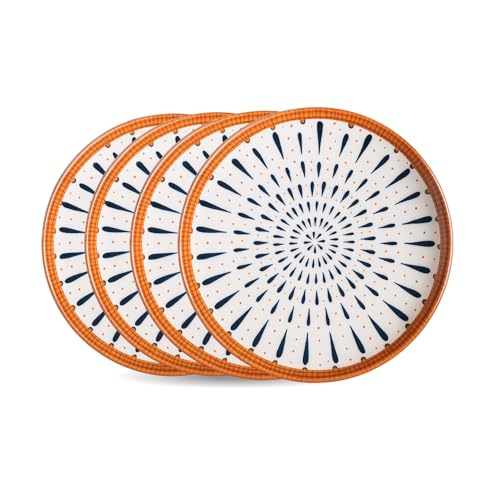 Image of Lellow Ceramic Dinner Plate Set of 4 | Droplet Pattern with Orange Rim | Microwave Safe | Dishwasher Safe | Food Grade Glazed Ceramic | Modern Dining Plates for Daily Use
