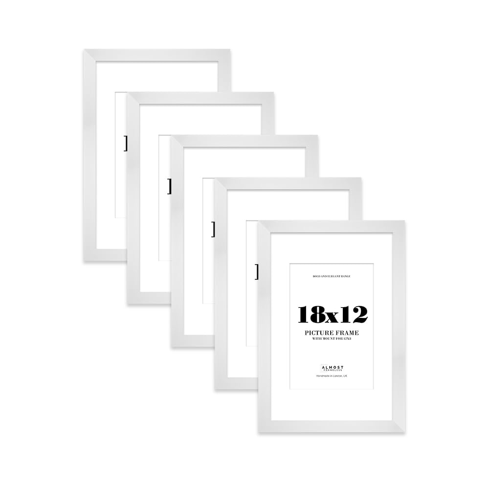 18x12 White Frame With Mount for 12x8 Pictures 28mm Edge Portrait and Landscape Display with Wall Hooks, 5 Pack