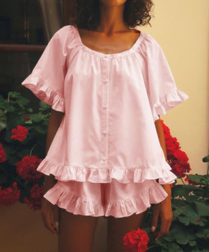 Image of Womens Fashion Summer Short Sets Short Sleeve Button Down Ruffle Trim Top and Shorts Cotton Pajama Sets
