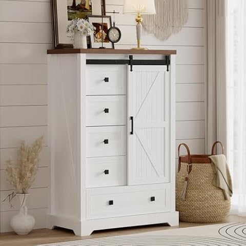 JoanKaren Modern 5 Drawers Dresser for Bedroom w/Sliding Barn Door, Farmhouse 48 Tall Dresser 5 Chest of Drawers,Storage Organizer Dresser for Bedroom, Hallway, Living Room, Kids Room,Entryway,White Cover