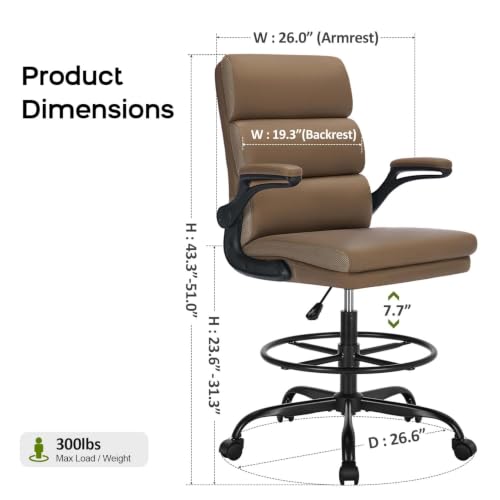 Image of Drafting Chair Tall Office Chair with Padded Flip-up Armrests Executive Ergonomic Computer Standing Desk Chair with Comfortable Leather Backrest and Adjustable Footrest Ring (Tan)