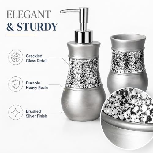 Image of Creative Scents 4 Pc. Resin Bathroom Accessory Set | Silver Crackled Glass | Includes Soap Dispenser, Toothbrush Holder, Tumbler Cup and Soap Dish