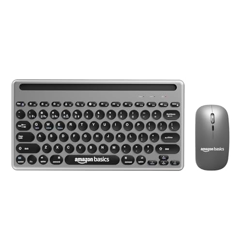 Image of Amazon Basics Wireless Keyboard and Mouse Set with Bluetooth multiconnect, 2.4GHz Receiver,1600 DPI, Smartphone /Tablet Holder, Built in Rechargeable Battery