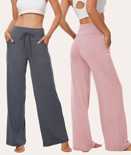 Image of TNNZEET 3 Pack Women's Wide Leg Pants with Pockets - Casual Loose Yoga Trouser Pants Sweatpants Palazzo Lounge Pajama Pants