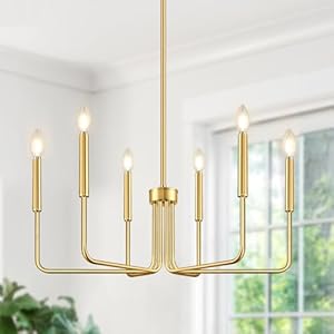 Brass Gold Chandelier, 6-Light Chandelier Light Fixture Farmhouse Chandeliers for Dining Room, Vintage Candle Pendant Light Fixtures Chandelier for Bedroom, Kitchen, Foyer, Entryway and Living Room