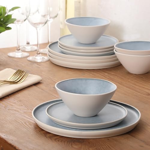 Image of Gibson Elite Coastal Forest Plates and Bowls Sets, 12-Piece Stoneware Dinnerware Sets, Triple Reactive Glaze Dish Set - Blue and Cream White
