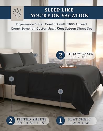 Image of LANE LINEN Split Top King Sheets 100% Egyptian Cotton Sateen - Black