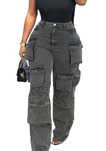 Tbahhir Distressed Ripped Cargo Jeans for Women High Waisted Baggy Wide Leg Boyfriend Y2K Streetwear Denim Pants Trendy
