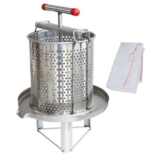 Stainless Steel Manual Honey Press with Nylon Mesh Bag 10L Large Capacity Fruit Press and Beeswax Extractor for Beekeeping Home Wine Making and Juice