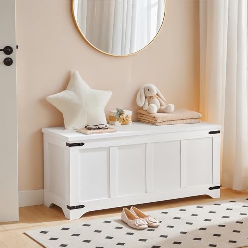 Storage Chest, 43.3" Storage Trunk with 2 Safety Hinges, Wooden Toy Chest, Entryway Shoe Bench, Large Toy Box for Kids Room, Bedroom, Living Room, White SCWT5001 - Image 5