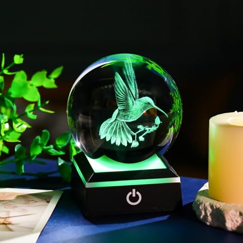 Image of 3D Crystal Ball Hummingbird Gifts for Women Unique Snow Globe Decor for Adults Glass Humming Birds Figurines Xmas Ornament with LED Base Lamp Collectibles Sculpture for Valentines
