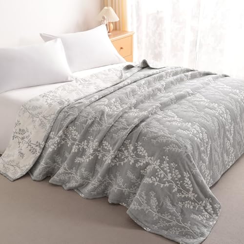 NTBAY 3 Layers Cotton Muslin 106x92 King Bed Blanket, Super Soft Breathable Thermal Yarn Dyed Quilt for Adults, Perfect Lightweight Blanket for Couch Sofa Bed All Seasons, Grey Tree