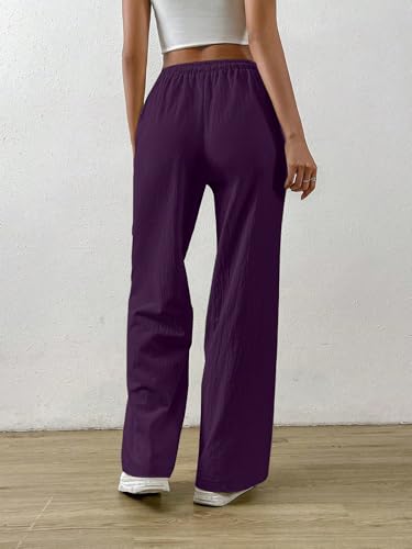 Image of TOPLOT Women's Linen Blend Wide Leg Palazzo Pants | Elastic Drawstring Waist Trousers for Woman | Relaxed Fit Casual Lounge Trousers | Breathable Straight Leg Everyday Bottom Wear (5268)