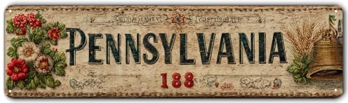 PENNSYLVANIA Vintage Metal Tin Sign - 4x16 Inch Retro State Souvenir Wall Decor - Liberty Bell, Wheat & Wildflowers Amish Country Heritage Art - Rustic Aluminum Wall Plaque for Home, Kitchen, Office