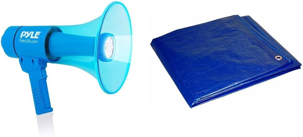 Pyle 40W Waterproof Megaphone Bullhorn with Flashlight and 16x20 Blue Multi-Purpose Poly Tarp