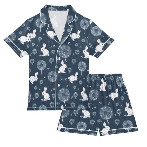 Rabbit Dandelion Summer Pajamas Set Soft Satin Pjs Sets 2 Piece Short Sleeve Sleepwear Casual Clothes
