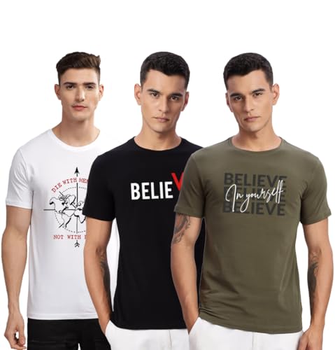 Image of ADRO 100% Cotton Lycra Tshirts for Men Combo Pack of 3 | Regular Fit | Printed T Shirt | Round Neck Half Sleeve| Mens Tshirts