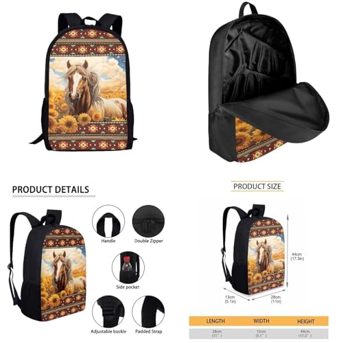 COEQINE Horse Backpacks For Teen Girls Sunflower Book Bag for Women School Bag Set for Student With Trifold Wallet Large Laptop Shoulder Bag With Water Holder Pocket3