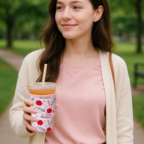 Image of Reusable Insulated Neoprene Iced Coffee Cup Sleeve, Durable Drink Sleeve for Cold Beverages, Beverage Holder for Iced Coffee, Teacher Treasure