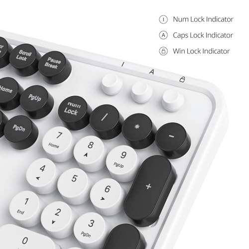 Image of Owpkeenthy Wired Cute Keyboard, Plug and Play USB Retro Round Typewriter Keyboard, Full Size Wired Keyboard with Foldable Stands for Laptop and Office PC (Minimalist White)