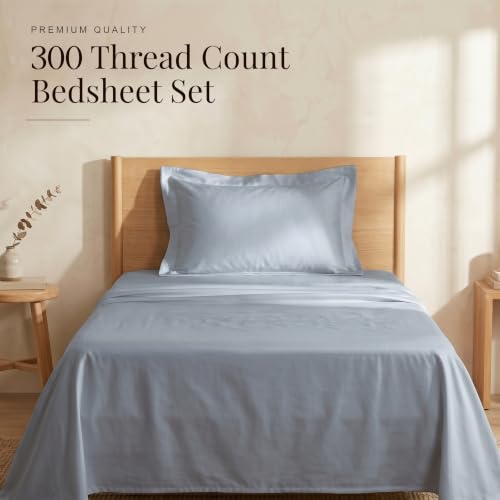 Image of HUESLAND Premium 300 TC Pure Cotton Sateen Weave Single Bed Bedsheet with 2 Pillow Covers Included | Greyish Blue | 88 x 55 inches