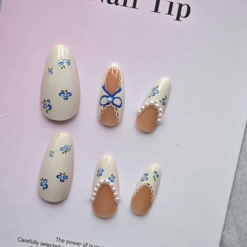 Image of White Press on Nails Medium Almond fake Nails with Bow Design Blueberry Glue on Nails Spring Reusable Artificial Acrylic Full Cover Stick on Nails Pearl French Tip False Nail for Women Manicure 24Pcs