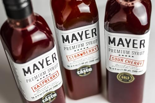 Image of Mayer Strawberry, Raspberry, Sour Cherry Syrups - Award-Winning, Crafted with 100% Real Fruits and 3 Natural Ingredients, Vegan, Gluten Free, Dairy Free, Versatile for Beverages & Desserts - No Artificial Additives, Rich Authentic Flavor, (16.9 Fl oz. / 500 ml, 3 PACK )