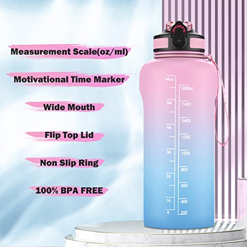 ETDW Motivazionale Borraccia 2 Litro con Marcatori di Tempo [Senza BPA Tritan], Bottiglia Acqua Sportiva con Cannuccia, Borraccia Sportiva a Prova di Perdita ROSA BLU