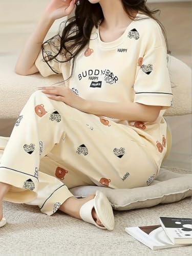 Image of Louis Luxe Womens Korean Night Dress || Full Pyjama Set || Korean Nightsuit || Women Nightwear ||Round Neck Full Sleeve Nightsuit || Loungewear || Everyday Nightdress