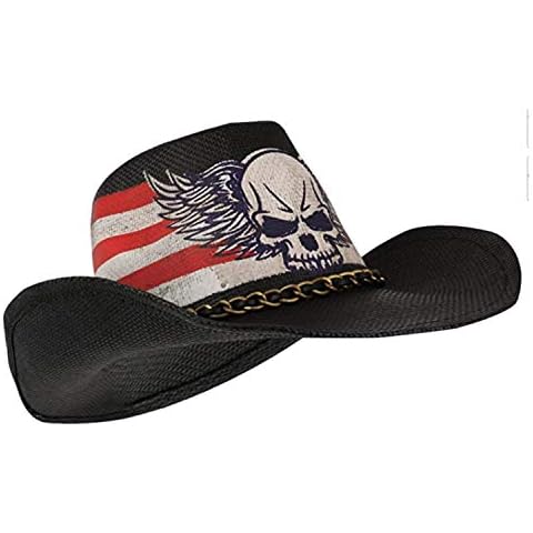 Vamuss Men’s Vintage USA American Flag Cowboy Hat w/Western Shape-It Brim, Black With Skull and Red, One size Cover
