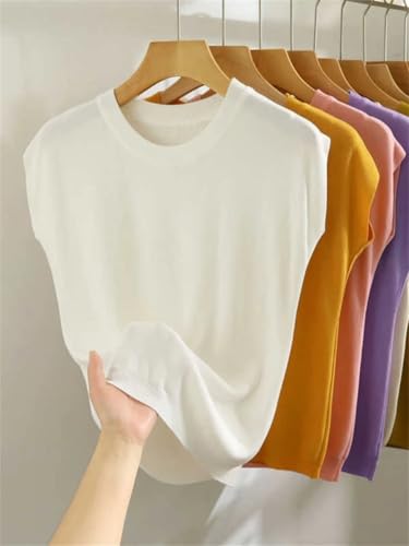 Women's Casual Solid O-Neck Collar Knitted Pullover Short Sleeve Loose Straight Sweater4